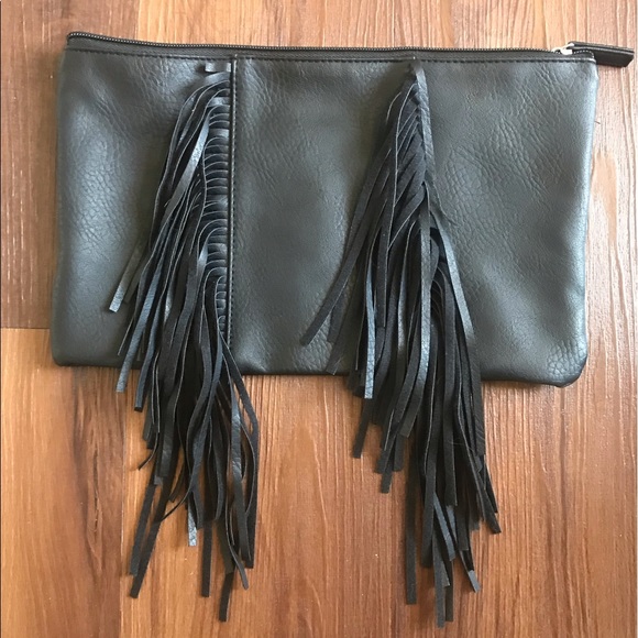 Handbags - Black faux leather fringe clutch bag purse